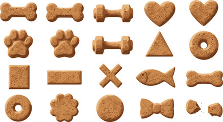 Dog biscuit treat collection with bone paw heart fish and cookie shapes pet snack vector illustration set © MdAbuSayed