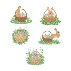 Easter Bunny with Eggs flat color Illustration Cute Easter Bunny with Eggs 