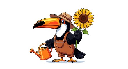 Fototapeta premium Toucan gardener with sunflower and watering can