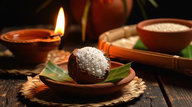 Traditional indian bohag bihu festive food and lit clay diya lamp set on a rustic wooden table, representing assamese cultural celebrations.