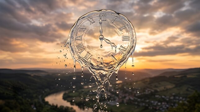 Surreal Melting Water Clock Dripping over a Scenic River Valley Landscape at Sunset Time Concept and Transience of Life Fluid Motion Creative Abstract Art