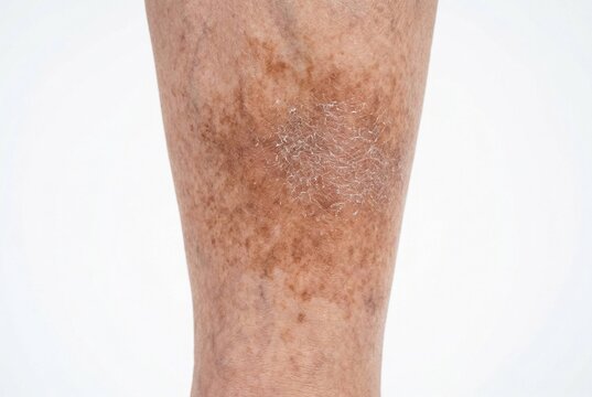 Ultra-realistic 8K macro close-up of an elderly person's shin showing venous stasis dermatitis with brownish hyperpigmentation and dry scaly skin on a bright white seamless background. The image