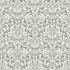 Obraz premium Rich baroque inspired damask wallpaper with detailed floral ornaments and flowing decorative scrolls
