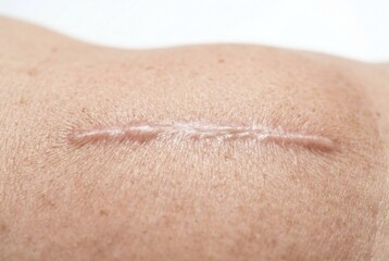 Fototapeta premium Ultra-detailed 8K macro close-up of an elderly woman's abdomen skin showing a post-surgical scar with mild keloid texture. The image highlights scar tissue and surrounding skin under clinical lighting