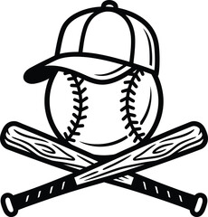 Vector graphic illustration of a baseball cap on a baseball with crossed bats