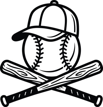 Vector graphic illustration of a baseball cap on a baseball with crossed bats