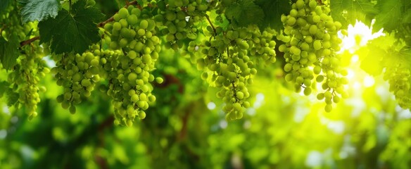 Naklejka premium The Grapes Hanging in Sunlit Vineyard Bunches Ready for Summer Harvest and Winemaking