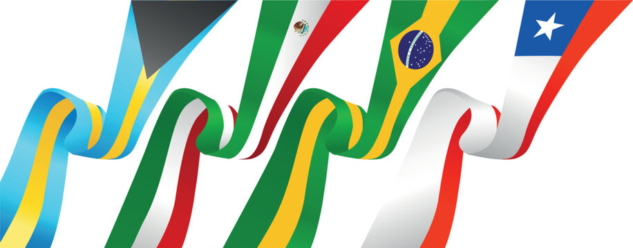 Caribbean and Latin American Pride, Flags of the Bahamas, Mexico, Brazil, Paraguay and Chile. vector illustration