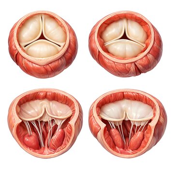Human heart valves anatomy set, 3d medical illustration of mitral and tricuspid valves showing chordae tendineae and papillary muscles, cross section of heart structure isolated on white background.