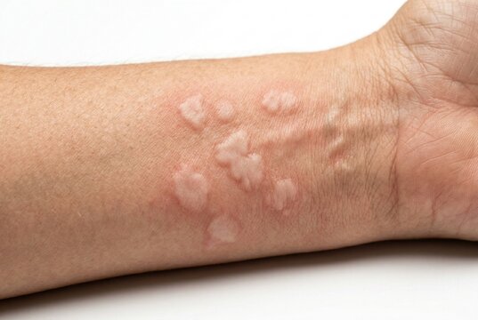 Ultra-detailed 8K macro close-up of a wrist and forearm showing urticaria with raised pale wheals and mild redness on a bright white background, highlighting skin texture and wheal edges