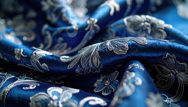 Luxurious embroidered brocade fabric featuring an elegant floral motif in stunning deep blue and gleaming silver, beautifully draped to highlight its rich texture and intricate design.