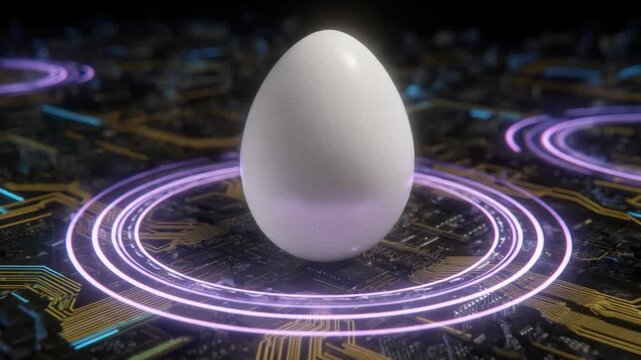 Egg in the Digital Matrix: A pristine egg floats amid a network of futuristic glowing rings and circuit patterns. It is an image that combines the organic with the technological