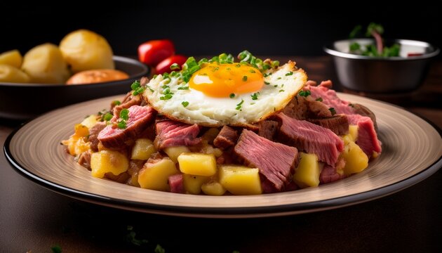 professional up close and modern food photography of corned beef hash