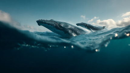 Fototapeta premium A closeup view of ocean waves underwater with sunlight filtering through the surface