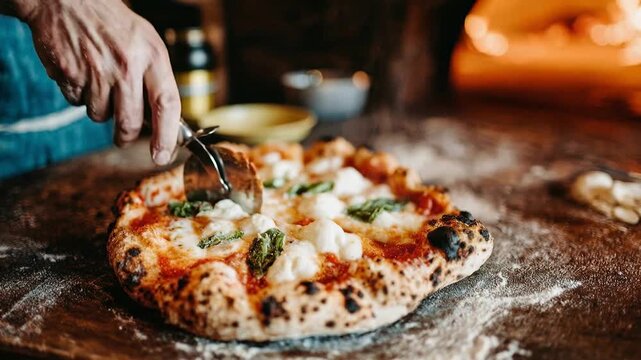 Hands shape pizza dough and slice bubbling wood fired pie on floured table capturing authentic cooking process artisan food craft and delicious Italian comfort cuisine moment