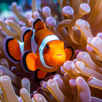 A colorful orange clownfish swims through a tropical sea anemone on a vibrant coral reef in the deep blue marine underwater nature of the ocean