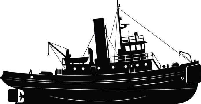 Detailed vintage tugboat vector silhouette illustration featuring a classic steamship profile with smokestack, crane, and propeller for nautical history, maritime industry, 