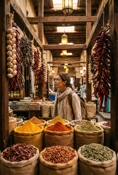 Female traveler explores a vibrant spice stall at a traditional bazaar. Sacks of colorful powders and hanging dried chilies create an authentic scene.