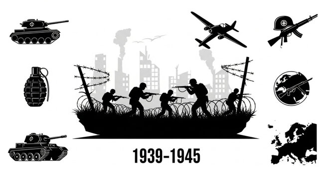 World War 2 soldiers and military equipment illustration.