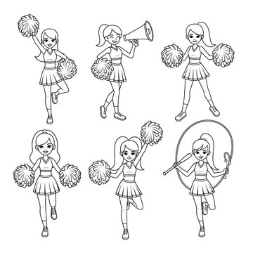 Cartoon cheerleaders with pom poms dancing.