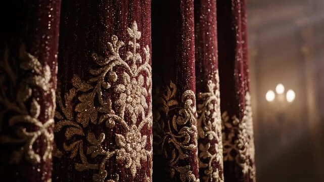 Close-up of elegant red velvet curtains with golden pattern and soft spotlight. Decor