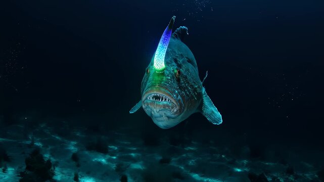 Deep Sea Anglerfish With Glowing Lure Swims In The Dark Ocean