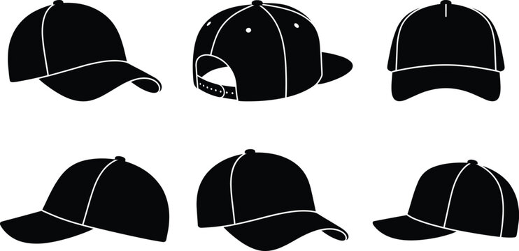 Vector baseball cap silhouette set featuring various angles including front side and back views of snapback hats for apparel design branding and merchandise mockup projects.