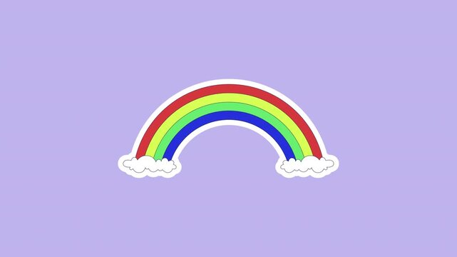 Rainbow arch with fluffy clouds digital sticker animation. Positivity happiness. Playful weather. Isolated animated icon with transparent background. Applying die-cut design. 4K video overlay element