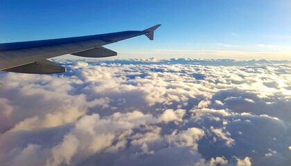 Obraz premium Aerial view of fluffy white clouds and blue sky from airplane window