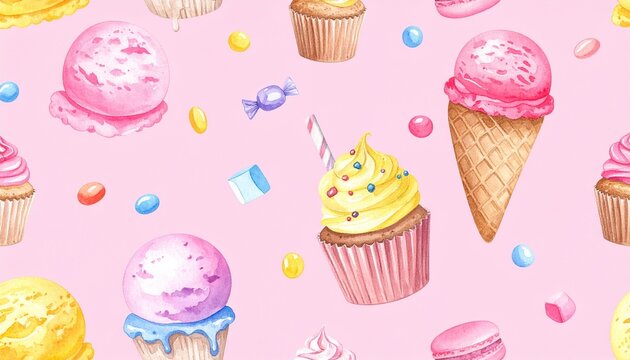 Seamless pastel dessert pattern.
