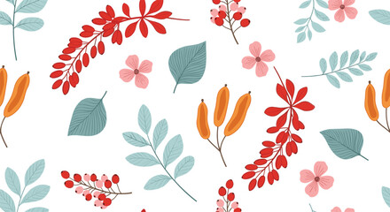 Seamless floral pattern with red flowers berries and leaves decorative botanical nature background vector illustration © MdAbuSayed