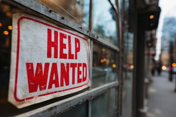 Fototapeta premium Close-up of a red and white Help Wanted sign at a storefront entrance during a health crisis