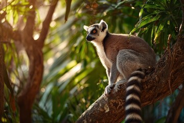 Fototapeta premium Close-up of a ring-tailed lemur on a branch with a softly blurred forest background