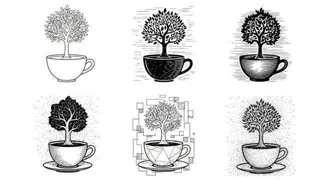 Tree growing from coffee cup illustration set in various artistic styles including dotwork geometry and line art on white background for cafe vector