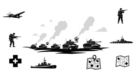 Military conflict scene with tanks airplanes and soldiers.
