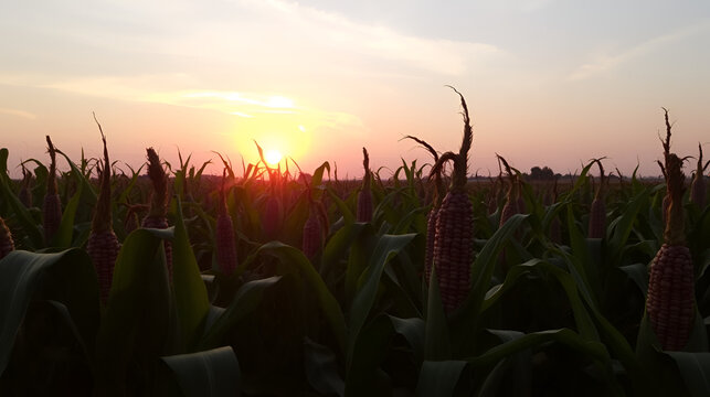 Corn crops in sunset
