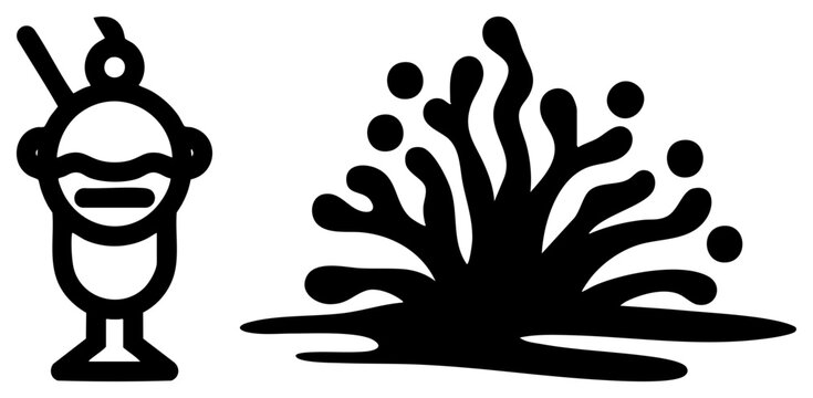 Underwater submarine with periscope and portholes, reef silhouette with branching forms and bubbles, oceanic vector art, marine life symbols, isolated sea motifs.