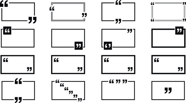 Vector quote box frame collection with various quotation marks and rectangular borders for social media posts, testimonials, text highlights, and creative editorial design layouts.