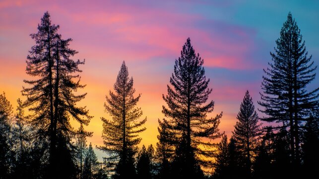 Majestic pine trees silhouetted against vibrant sunset sky image