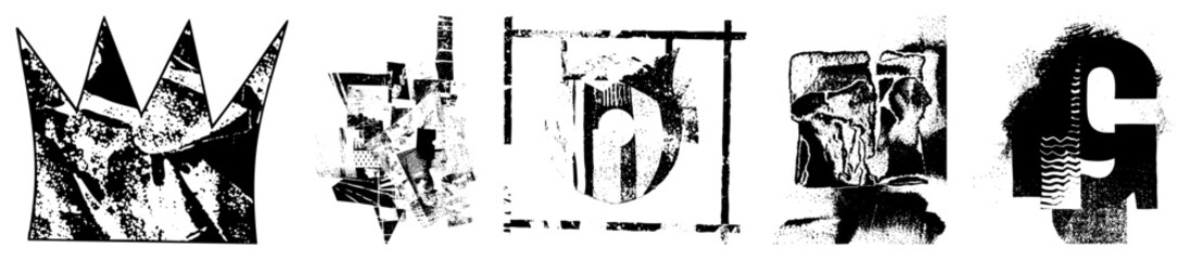 Obraz premium Fragmented symbols with grunge texture, stylized letterforms, glitch art design, digital distortion, graphic, vector glyph art.