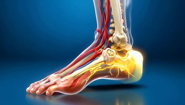 Human Foot Anatomy with Transparent Skin Revealing Bones Nerves Vessels