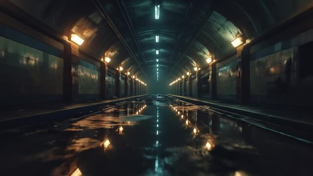Futuristic Tunnel with Reflective Floor and Industrial Lighting.