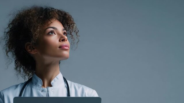 Visionary Nurse: A portrait of a medical professional, her gaze fixed with purpose and hope, embodies dedication and empathy in the field of healthcare.