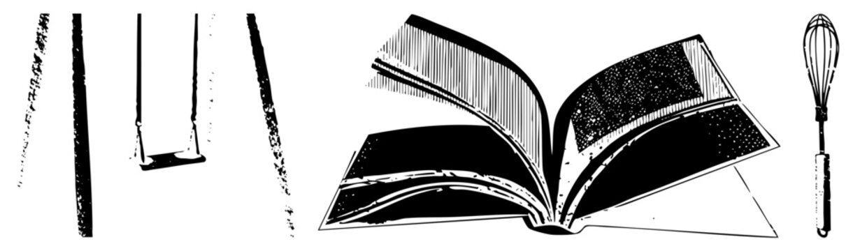 Illustrated recipe book open to recipe page, whisk tool, spatula, baking tools, culinary guide, cooking manual, kitchen essentials.