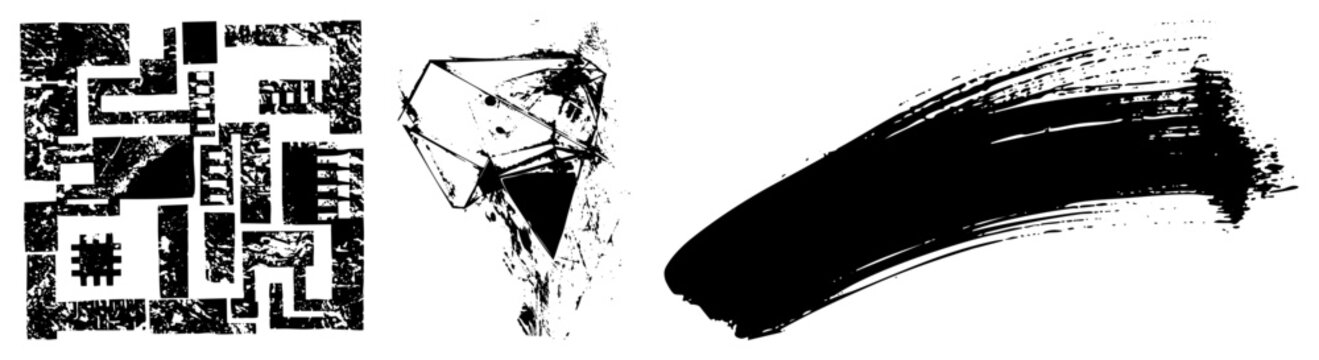 Grunge textured maze design, fractured polygonal forms, dynamic ink brushstroke, vector art, graphic design assets, digital illustration elements.