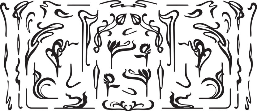  Art nouveau flourish frames. Filigree scrolls and botanical vines for vintage frame borders, elegant art deco floral dividers, baroque corner embellishment jugendstil design. Isolated vector ... 