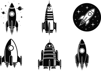 Retro rocket spaceship set illustration, vintage space rocket collection, science fiction spacecraft vector icons isolated on white background © E-Designs