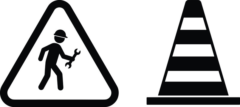 Vector roadwork safety sign silhouette featuring a construction worker with a wrench in a triangle and a striped traffic cone for site warning icons.