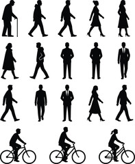 Fototapeta premium Vector silhouette set of diverse people including men and women walking, business professionals, an elderly man with cane, and cyclists on bicycles for urban architectural visualization projects.
