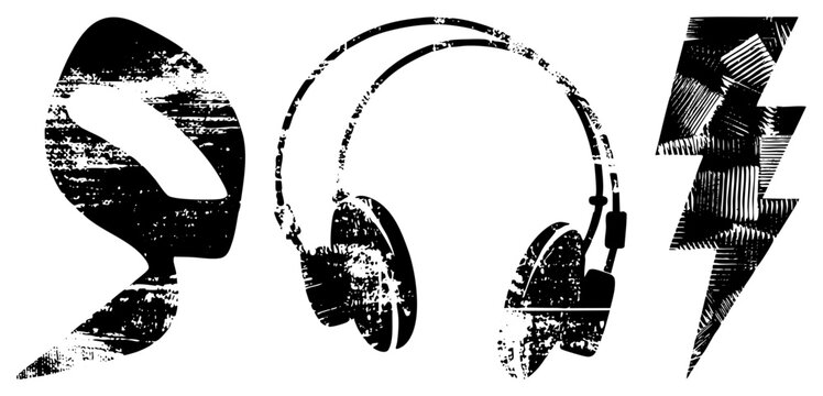Stylized symbols including headphones, soundwave, and lightning bolt, rendered in gritty black and white with distressed textures, ideal for music or tech themes.